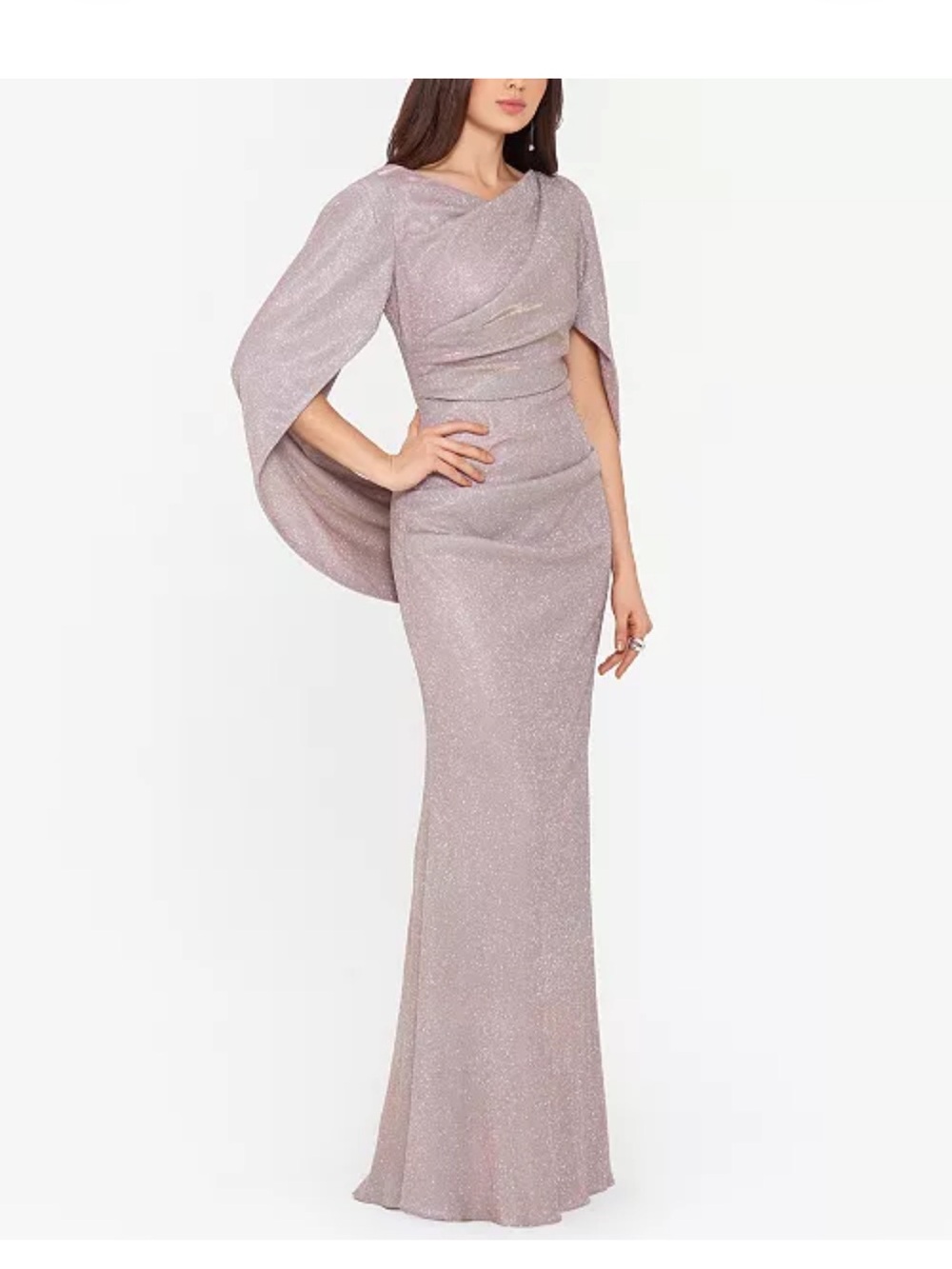 NWT Betsy & Adam Blush Gold Glitter Cape Formal Gown Size